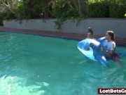 Four girls are enjoying stripping in the swimming pool, with one lucky guy joining them 6/16