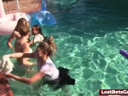 Four girls are enjoying stripping in the swimming pool, with one lucky guy joining them 8/16