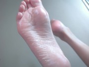 Cum on beautiful pink feet | Two cumshots! Footjob