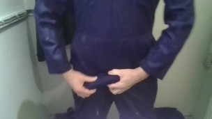 Wanking and spunking my big cock wearing a mates boilersuit at work