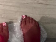 Red stockings and  fresh toes ASMR stepping on bubble wrap 12/16