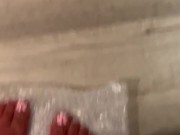 Red stockings and  fresh toes ASMR stepping on bubble wrap