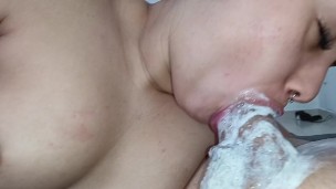 bitch gets excited with a hard dick inside her greedy mouth, fucking until she eats cum