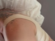 he comes and puts his cock in my mouth and unloads his cum on my butt in leggings