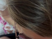 barely out of bed when I have to suck his cock and receive his morning cum on my small tits 3/16