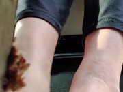 Smashing Christmas cookies from both views of the pedal with barefeet 13/16