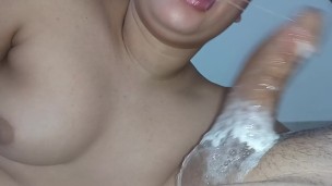 dick smeared with cum, and still she doesn't stop until she eats more cum