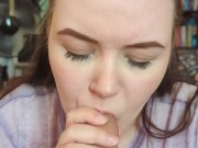 Cute girl sucks out big load of cum onto her face 10/16