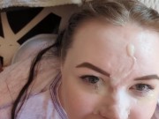 Cute girl sucks out big load of cum onto her face 16/16