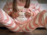 Petite schoolgirl in Pajama masturbating shaved pussy and big squirt orgasm