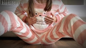 Petite schoolgirl in Pajama masturbating shaved pussy and big squirt orgasm