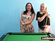 A blonde and a brunette playing a strip billiard sex game 1/16