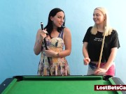 A blonde and a brunette playing a strip billiard sex game 2/16
