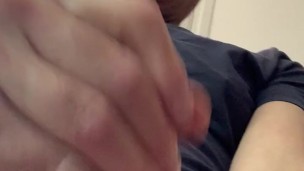 Jerking-off and cumming, close-up POV. View from under my balls, looking up. I eat my cum and smile!