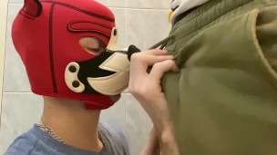 Hard top fucks his puppy in the mouth, in the toilet