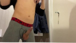 Horny boy can’t resist jerking off in his new underwear in shopping mall