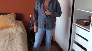Stepmom shows off her big ass with her jeans on and jeans down, she wants anal sex