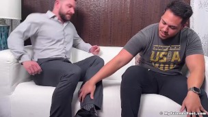 Muscled hunk comes home to receive worship in dress socks