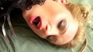 Two sexy babes eat and bang their pussies with a big double ended dildo