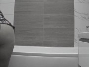 Housewife BBW milf in nylon tights with big natural tits cleans the bathroom. 6/16