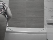 Housewife BBW milf in nylon tights with big natural tits cleans the bathroom. 9/16