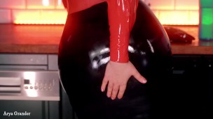 Horny Teacher MILF in latex rubber dress.. slowly polishing curvy body.