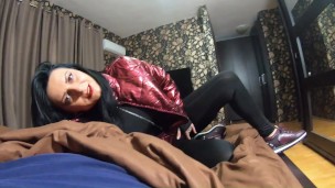 Preview-The nympho wife plays with her camel-toe jumpsuit and put some cum on her shinny red down-ja