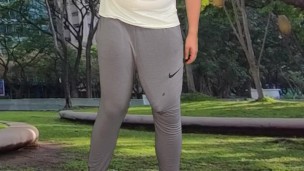 Public cum in grey sweatpants