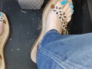 Big feet driving fast spending with Sandals under my mean sexy feet 12/16