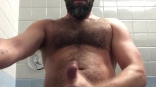 Hairy Daddy Jerks Off in Public Bathroom Stall and Cums
