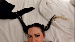 Big titted Tattoobabie sucks and fucks a big dick in the bath tub