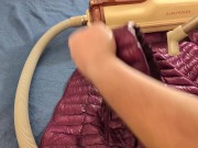 Vacuuming Girlfriend's Pink Ghost Whisperer Down Jacket with vintage Electrolux 3/16