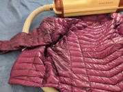 Vacuuming Girlfriend's Pink Ghost Whisperer Down Jacket with vintage Electrolux