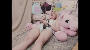 Tied up sissy cums twice in cute swimsuit