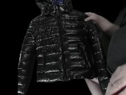 Big Cumshot on my Girlfriend's Luxurious Black 'R' Super soft Shiny Down Jacket !! 1/16