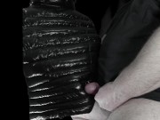 Big Cumshot on my Girlfriend's Luxurious Black 'R' Super soft Shiny Down Jacket !! 8/16