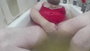 Femboy Little Sissy Submissive Slut Plays in New Sexy Red Romper Bath HD POV Solo Male Sex Toys 6