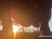 girl peeing with the sunset in the field