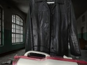 Vacuuming Girlfriend's Italian Leather Cute Jacket with vintage Electrolux Vacuum Cleaner 1/16