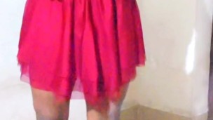 Ladyboy sissy simran sensual dance and show off her caged clitty and plugged black asshole in strip