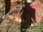 Girl pees next to an abandoned car in the middle of the field and wipes her period with her hand 2/16