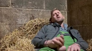 Farmer wanking and shooting a big load in the straw