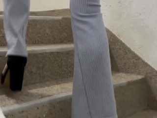 Walking behind Big Ass Blonde with High heels