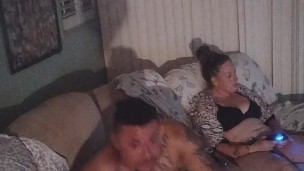 Chubby tattoo guy jerking off to girlfriend playing video games in her bra and panties