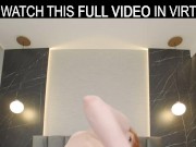 Hot redhead Lola Red plays with a huge dildo on the bed in VR. 14/16