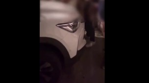 hot blonde having sex with strangers in public at the exit of the PUB, horny cuckold watching his wi