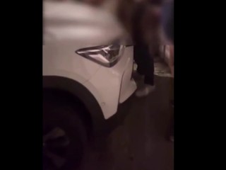 hot blonde having sex with strangers in public at the exit of the PUB, horny cuckold watching his wi