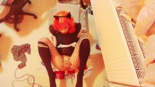 Trans maid cums after using fuck machine