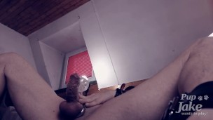 Pup Jake edges himself to two ruined orgasms and gets a little post torture from a viewer