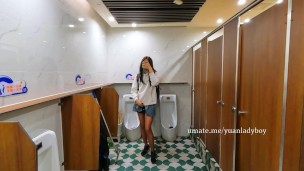 yuanladyboy: Chinese ladyboy in denim skirt goes crazy in public toilet